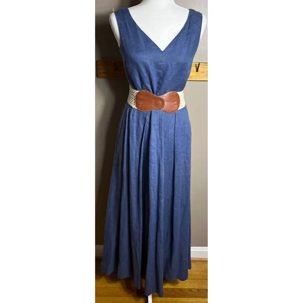 Sundance Linen Dress Blue Fit Flare Maxi Minimalist Luxury Wedding Guest Women 4 - Picture 3 of 13